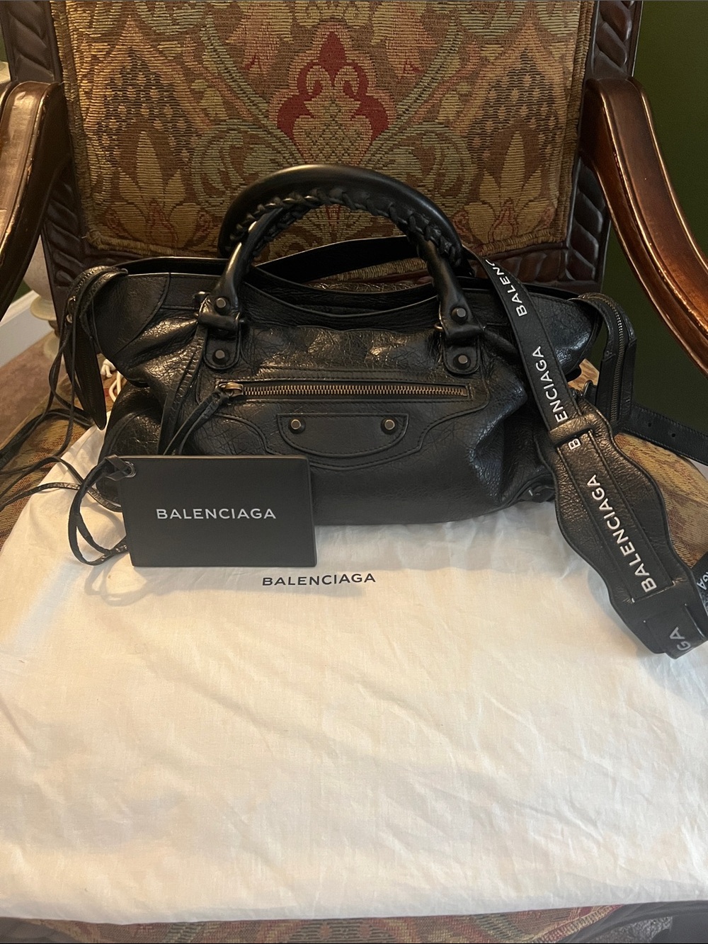 Balenciaga Black Leather Braided-Handle Shoulder Bag with Logo Strap